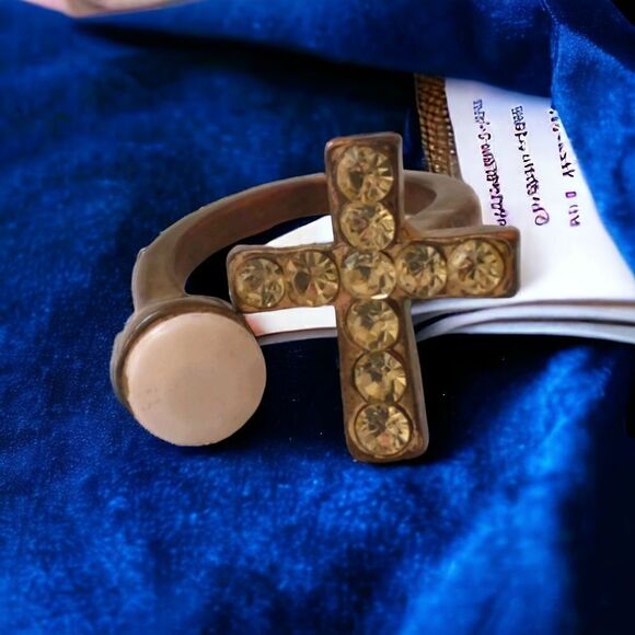 Brass Cross Open Ring Sz 5.5 or 6 Goth Handmade Rhinestone Victorian Religious - Picture 15 of 16